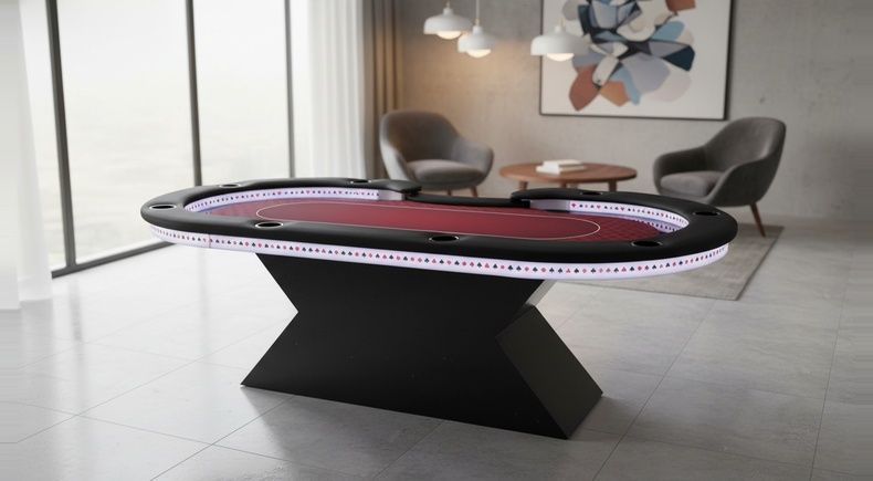 Mesa de Poker Luxo 9 Lugares Couro Legítimo, Borda em Acrílico e LED - L26